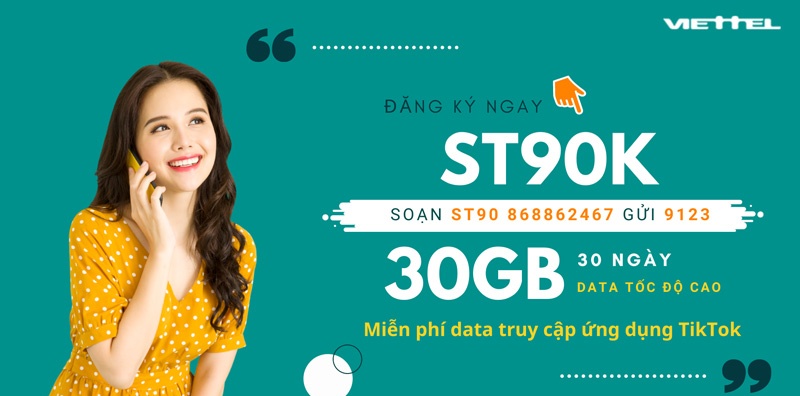 Gói 3G Viettel 1 tháng 90K có 30Gb + Free data xem TikTok