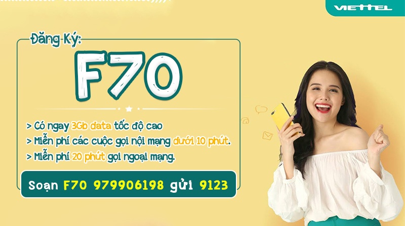 Đăng ký gói cước Viettel 70K miễn phí gọi < 10 phút/cuộc + 20 phút ngoại mạng + 3Gb data