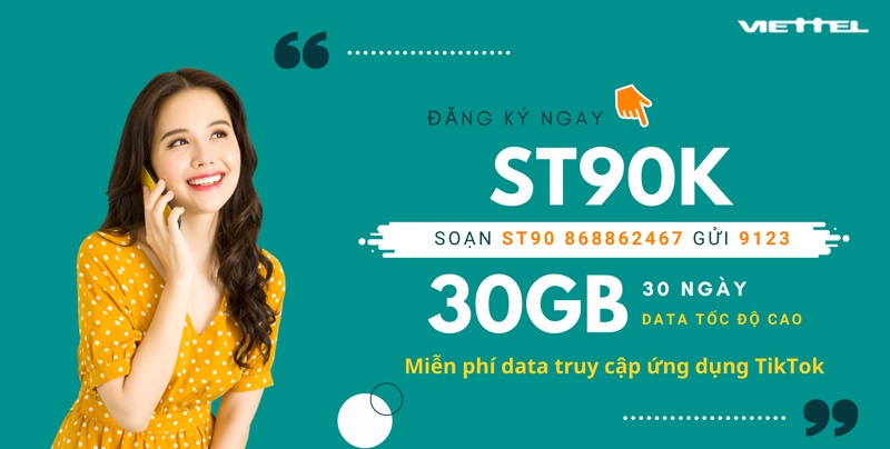Gói mạng 90K Viettel 30Gb + xem TikTok miễn phí